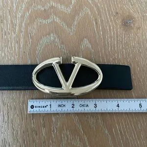 Valentino Garavani black belt with champagne gold oval buckle Valentino Garavani VLogo Signature Calfskin Belt 30MM | Saks  main image 3